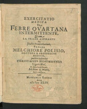 Exercitatio Medica De Febre Quartana Intermittente