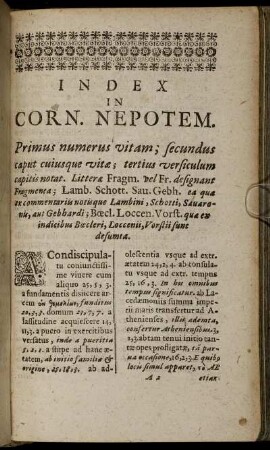 Index In Corn. Nepotem. Primus numerus vitam; secundus caput cuiusque vitæ; tertius versiculum capitis notat. ... A
