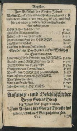 Anfangs- und BeschlußLieder Beym GottesDienst des Jahrs über zu gebrauchen.