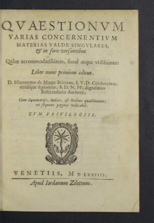Qvaestionvm Varias Concernentivm Materias Valde Singvlares, & in foro versantibus : Quàm accommodatissimas, simul atque vtilissimas: Liber nunc primùm aeditus; Cum Summarijs, Indice, & Ordine quaestionum, vt sequens pagina indicabit