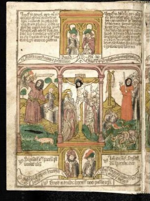 (1) Antitypus: Maria und Johannes unter dem gekreuzigten Christus; Typen: (2) Abraham opfert Isaak; (3) Aufrichtung der ehernen Schlange; (4) Propheten-Brustbilder