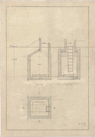 Littmann, Max; Bocksberg; Hofgut, Geländeaufnahmen, Wasserversorgung,Transformatorenhaus, Erweiterungsbauten u.Umbauten - Widderraum (Schnitte)