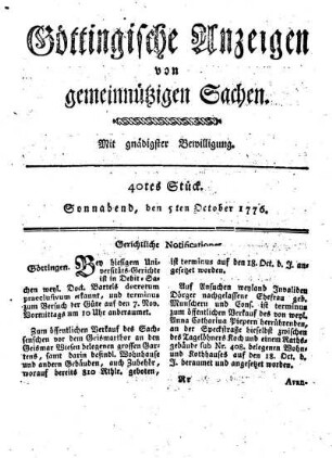 40tes Stück. Sonnabend, den 5ten October 1776.