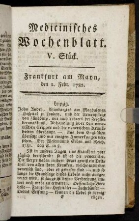 V. Stück. Frankfurt am Mayn, den 2. Febr. 1782. - VIII. Stück. Frankfurt am Mayn, den 23. Febr. 1782.