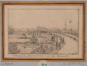 Die Eisenbahnbrücke (Marienbrücke) in Dresden, Blick vom Neustädter Brückenkopf nach Südwesten über die Brücke und die Elbe, im Hintergrund die Friedrichstadt