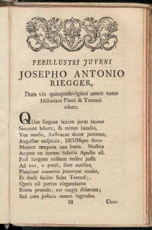 Perillustri Juveni Josepho Antonio Riegger, [...].