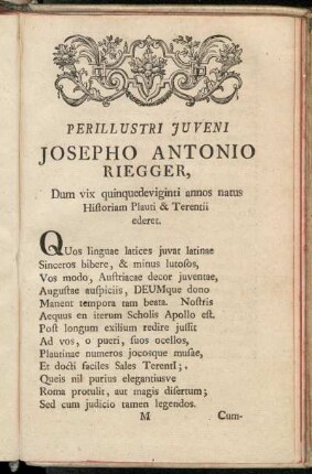 Perillustri Juveni Josepho Antonio Riegger, [...].