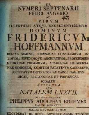 De numeri septenarii felici augurio, ad virum illustrem ... Fridericum Hoffmannum ... epistola