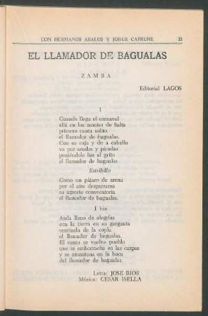 El llamador de bagualas : Zamba. - Editorial Lagos