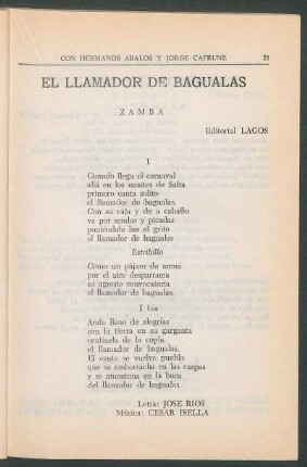 El llamador de bagualas : Zamba. - Editorial Lagos