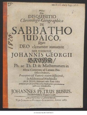 S̆abbāt Seu Disquisitio Chronologo-Geographica De Sabbatho Judaico
