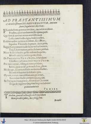 Ad Praestantissimum et Eruditissimum Dn. Respondentem, Amicum suum singulariter dilectum.