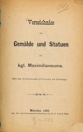 Verzeichnis der Gemälde und Statuen des kgl. Maximilianeums : 