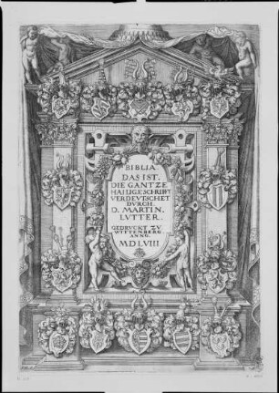Titelblatt mit vierzehn Wappen zu: Biblia. Das ist die gantze Hailige Schrifft verdeutschet durch D. Martin Lutter.