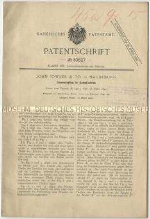 Patentschrift eines Umwendepfluges für Dampfbetrieb, Patent-Nr. 80627
