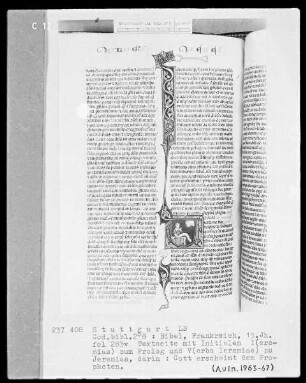 Bibel — Initiale V (erba Ierimiae), darin erscheint Gott dem Propheten, Folio 283verso