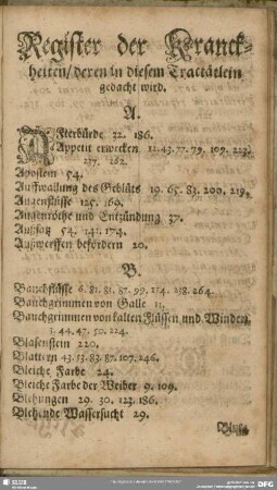 Register der Kranckheiten, deren in diesem Tractätlein gedacht wird