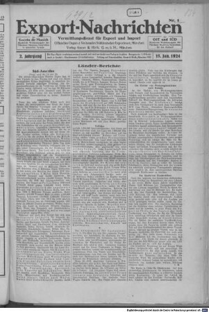 Export-Nachrichten : Vermittlungsdienst für Export und Import ; offizielles Organ des Verbandes Süddeutscher Exporteuere. 2. 1924