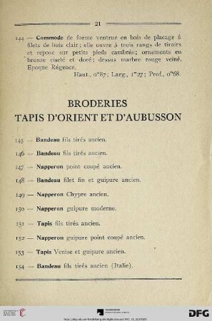 Broderies – Tapis d’Orient et d’Aubusson (Nr. 145-170)