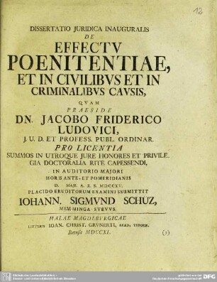 Dissertatio Iuridica Inauguralis De Effectu Poenitentiae, Et In Civilibus Et In Criminalibus Causis