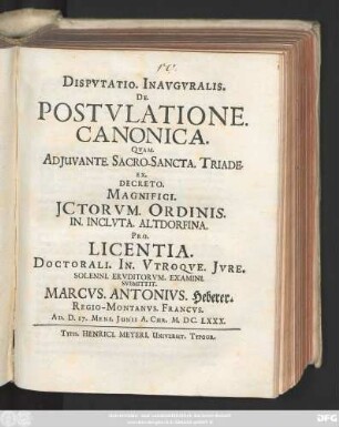 Disputatio. Inauguralis. De. Postulatione. Canonica.