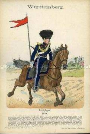 Uniformdarstellung, Feldjäger mit Lanzenflagge, Königreich Württemberg, 1830.