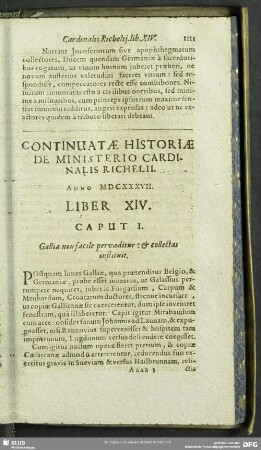 Continuatae Historiae De Ministerio Cardinalis Richelii. Anno MDCXXXVII. Liber XIV