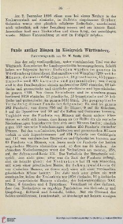 1: Funde antiker Münzen im Königreich Württemberg