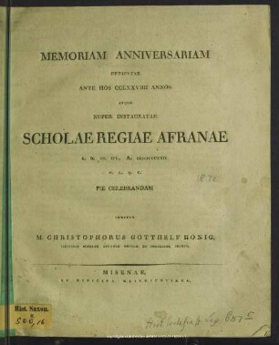 1822: Memoriam anniversariam dedicatae ante hos ... annos Scholae Regiae Afranae ... pie celebrandam indicit