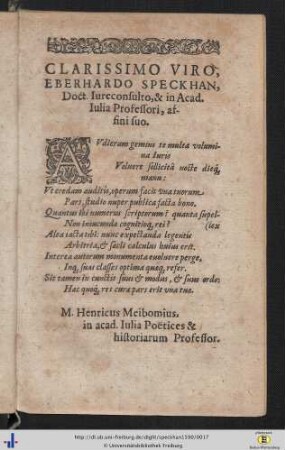 M. Henricus Meibomius: Clarissimo viro, Eberhardo Speckhan ... affini suo.
