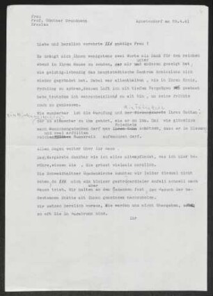 Brief von Gerhart Hauptmann an Elfriede Grundmann
