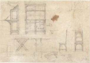 Gärtner, Friedrich von; Gärtnerhaus - Schrank, Tisch, Regal u. Stühle (Ansichten, Teilansicht, Perspektive, Details)