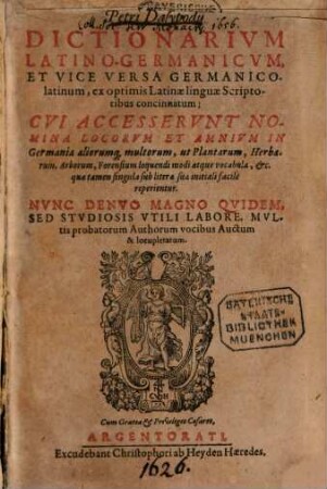 Petri Dasypodii Dictionarium Latino-Germanicum, Et Vice Versa Germanicolatinum