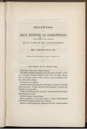 Description De Deux Espèces De Coléoptères Nouvelles Ou Peu Connues De La Famille Des Aléochariens