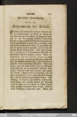 Die sechste Betrachtung. Ueber die Geheimnisse der Natur.