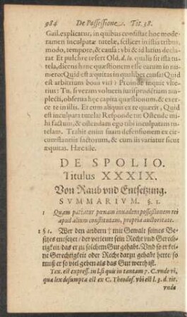 De Spolio. Titulus XXXIX. Von Raub und Entsetzung.