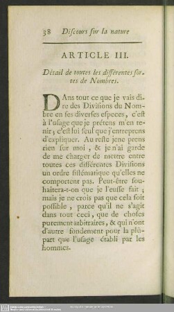 Article III. Détail de toutes les différentes sortes de Nombres