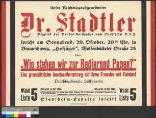 Plakat der DNVP zu einer Wahlversammlung am 29. Oktober 1932 in Braunschweig [vor der Reichstagswahl am 6. November 1932]