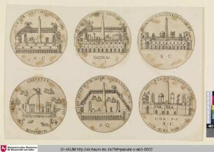 [Oben links:] SPQR Optimo Principi; [oben Mitte:] SPQR Optimo Principi Agonal; [oben rechts:] Hadrianus Augustus Cos III; [unten links:] Severi Laetitia Augusti Temporum; [unten Mitte:] Imp. Caes M. Aur. Sever Alexander Aug.; [unten rechts:] Imp. C. P. Lic. Gallienus
