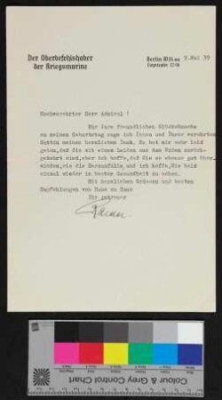 Der Oberbefehlshaber der Kriegsmarine an Admiral a.D. von Karpf
