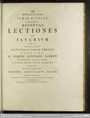 III. Exercitatio Iuris Civilis Exhibens Receptas Lectiones Ad Iauchium