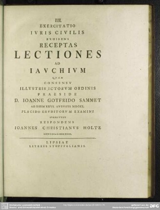 III. Exercitatio Iuris Civilis Exhibens Receptas Lectiones Ad Iauchium