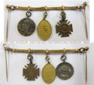 Miniaturkette mit drei Auszeichnungen (Ehrenkreuz des Weltkriegs 1914-1918 für Kämpfer, Kyffhäuser-Denkmünze und und ungarische Weltkriegs-Erinnerungsmedaille)