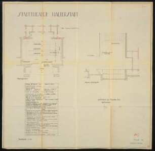 Stadttheater, Halberstadt: Bühnengrundriss und Bühnenlängsschnitt 1:100