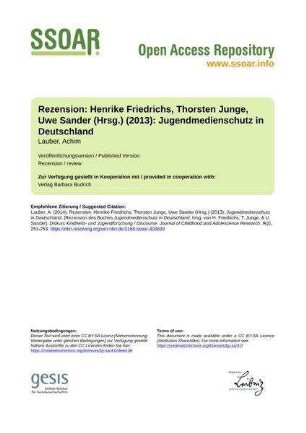 Rezension: Henrike Friedrichs, Thorsten Junge, Uwe Sander (Hrsg.) (2013): Jugendmedienschutz in Deutschland