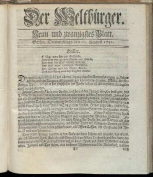 Neun und zwanzigstes Blatt. Berlin, Donnerstags den 16. August 1741.