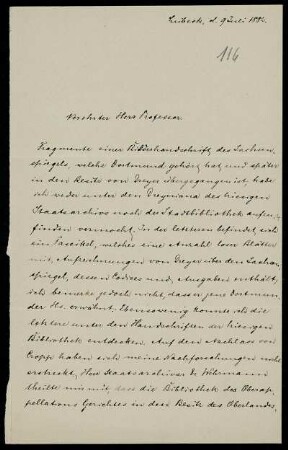 Nr. 2: Brief von Anton Hagedorn an Ferdinand Frensdorff, Lübeck, 9.7.1882