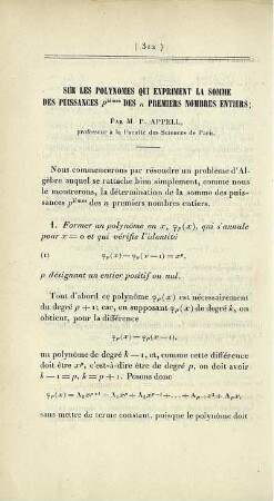 Sur les polynomes qui expriment la somme des puissances ... des n premiers nombres entiers.