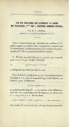 Sur les polynomes qui expriment la somme des puissances ... des n premiers nombres entiers.