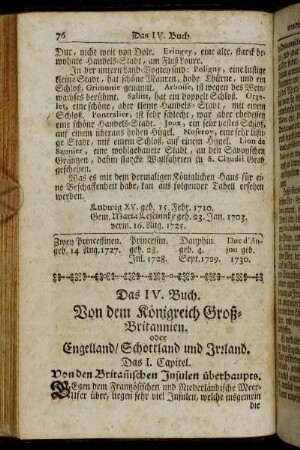 Das IV. Buch. Von dem Königreich Groß-Britannien. oder Engelland/ Schottland und Irrland.